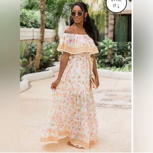 Pink Lily “Southern Belle” Yellow Floral Off The Shoulder Maxi Dress